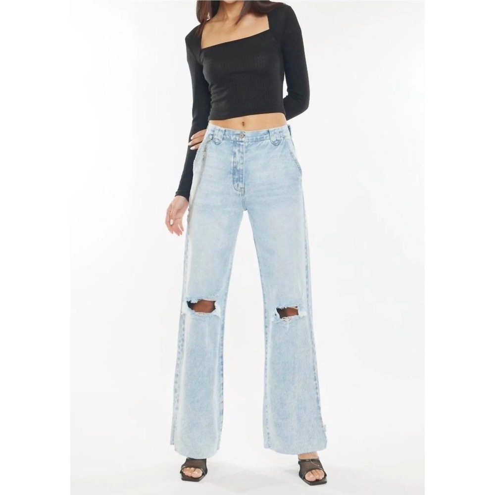 KanCan‎ 90s Flare High Rise Distressed Wide Leg Jeans Light Wash Size 9/28 NEW